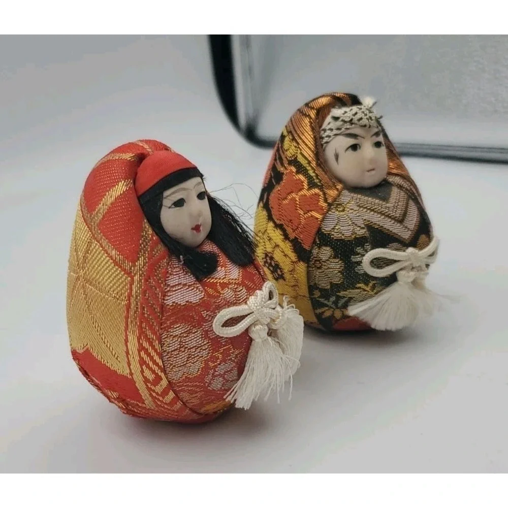Vintage Couple Japanese Wedding Hime Daruma Dolls Round Shelf Statue Display